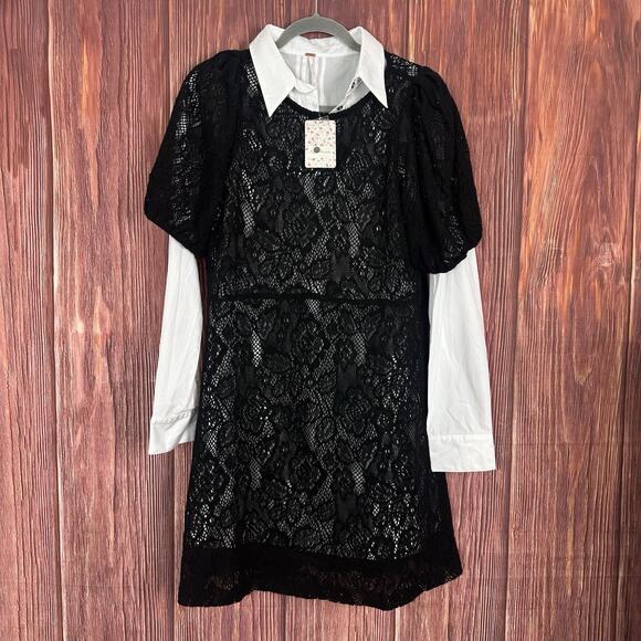 Free People Womens Pretty Princess Shirt Dress Black Layered Size Large NWT - Picture 2 of 6